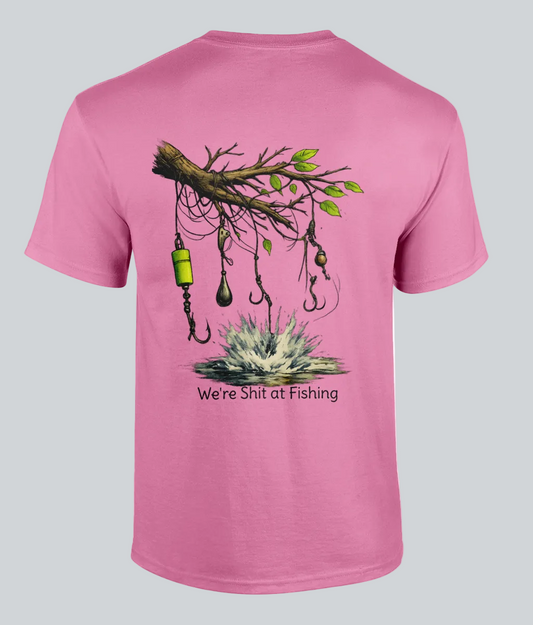 Pink t-shirt with fishing graphic and text on a white background