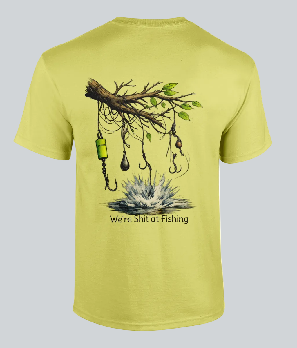 Yellow t-shirt with fishing graphic and text on a white background