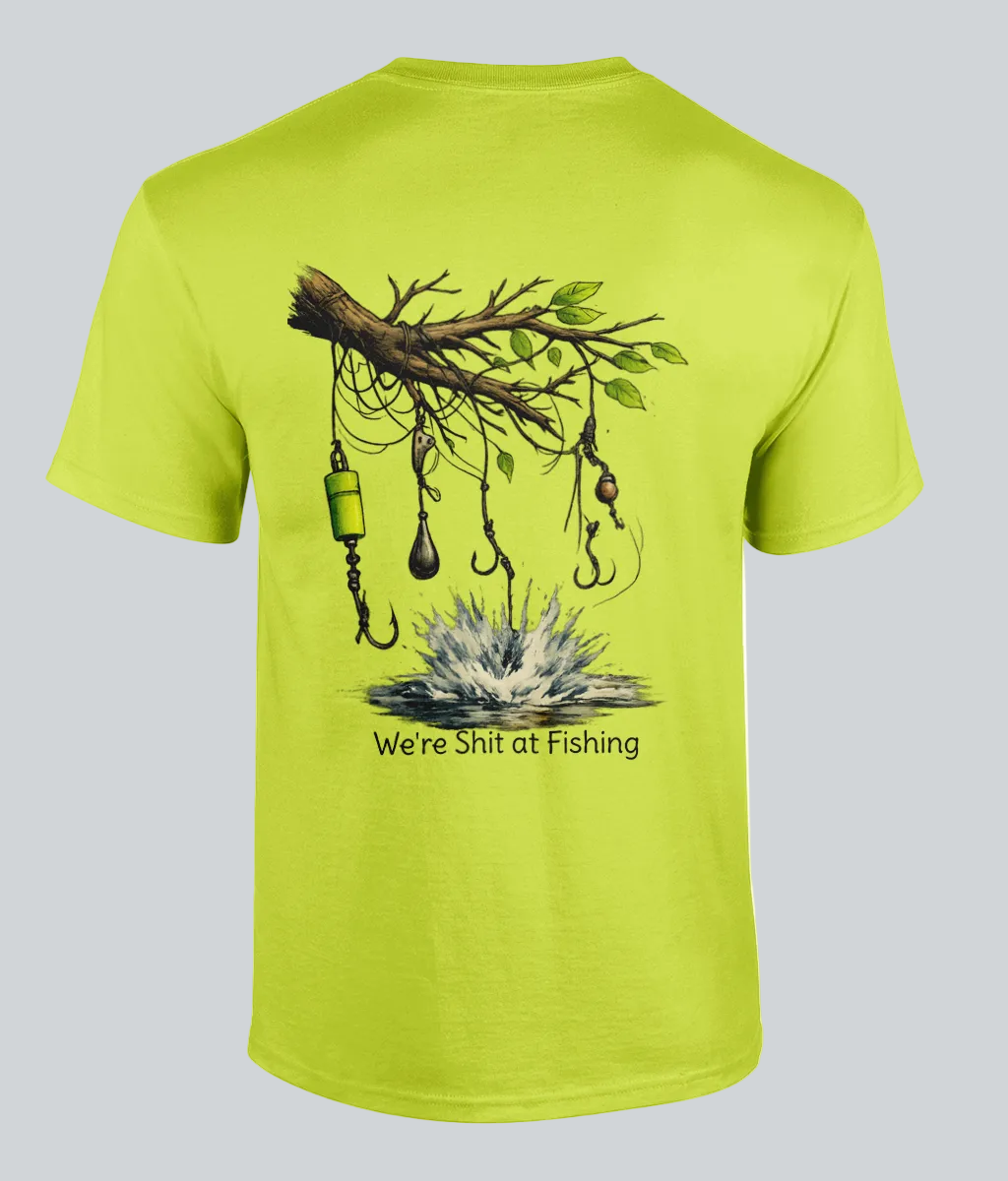 Lime green t-shirt with fishing graphic and text on a white background