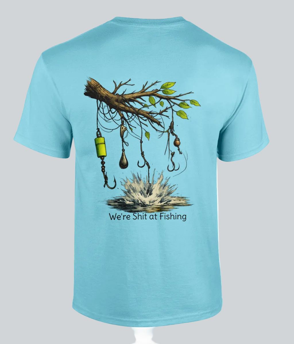 Light blue t-shirt with fishing graphic and text on a white background